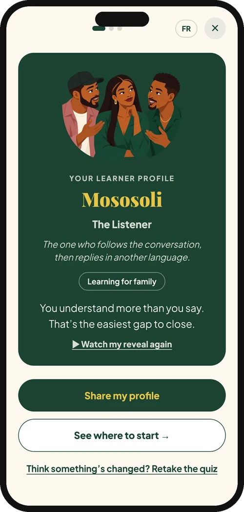 The learner profile result screen in Loba Lingala