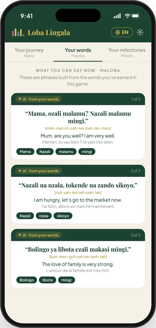 Phrases built from the words a learner has earned