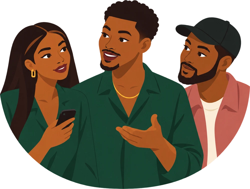 A young man talking confidently while two friends listen