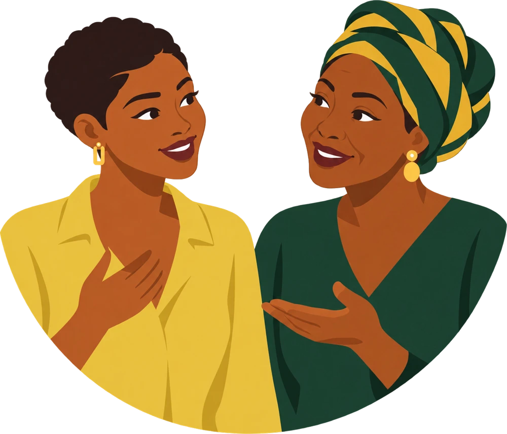 A young woman and an older woman in a headwrap talking warmly